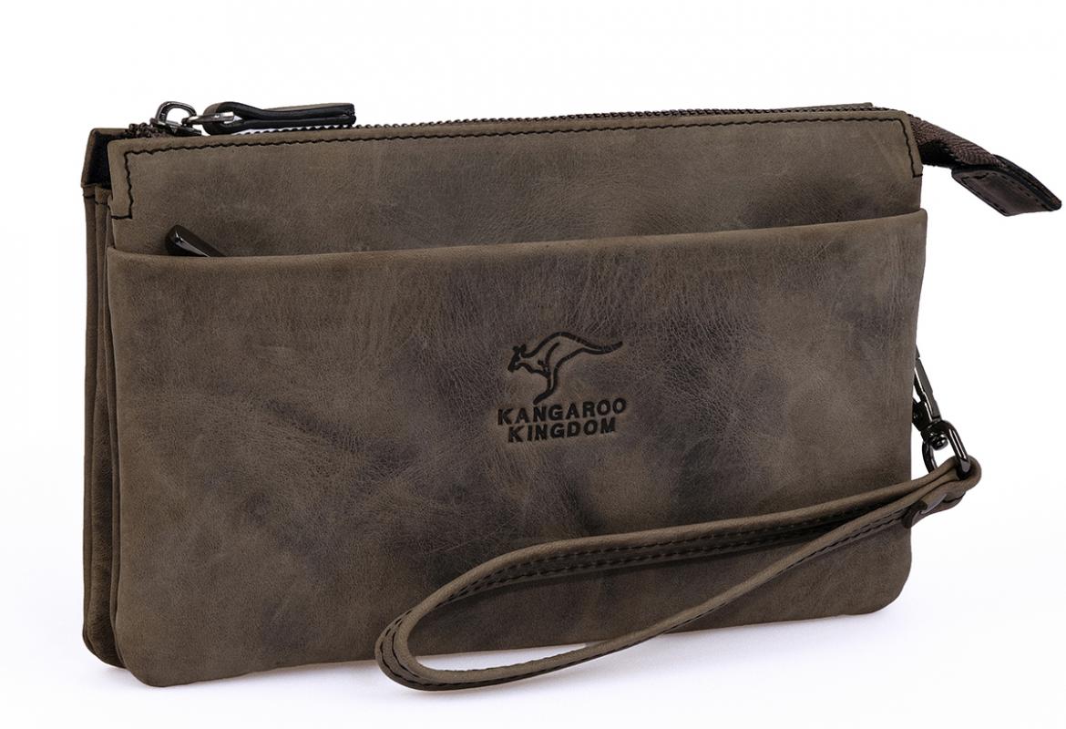 KANGAROO KINGDOM Hakiki Dana Deri Crazy Horse Gri Erkek El Portföy Clutch Çantası 5488-ZG