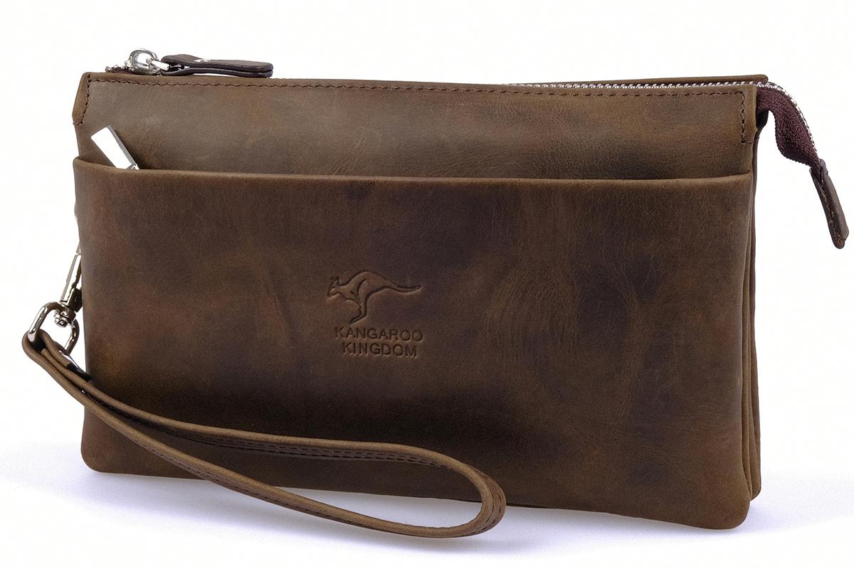 KANGAROO KINGDOM Hakiki Dana Deri Crazy Horse Koyu Camel Erkek El Portföy Clutch Çantası 5488-ZKC