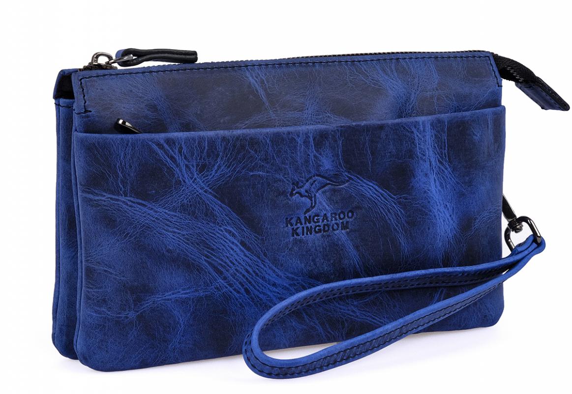 KANGAROO KINGDOM Hakiki Dana Deri Crazy Horse Mavi Unisex El Portföy Clutch Çantası 5488-ZM