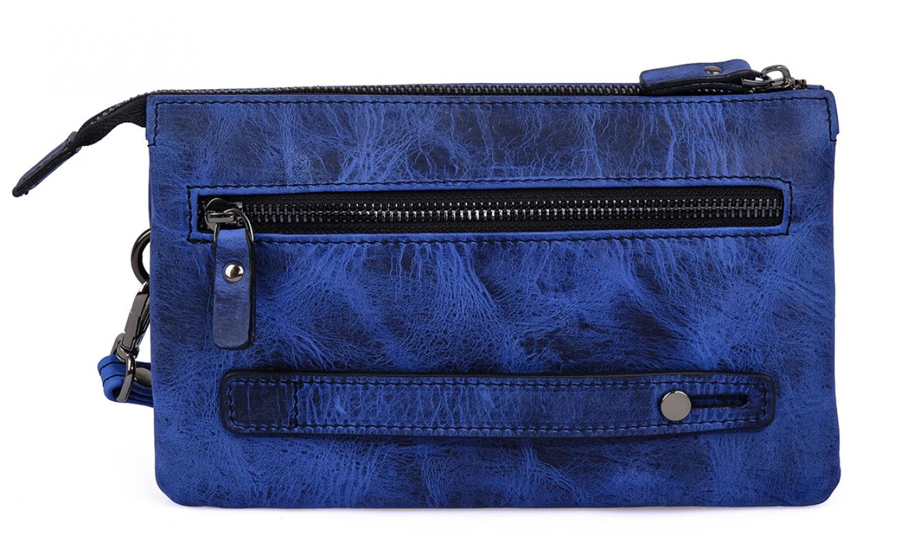 KANGAROO KINGDOM Hakiki Dana Deri Crazy Horse Mavi Unisex El Portföy Clutch Çantası 5488-ZM