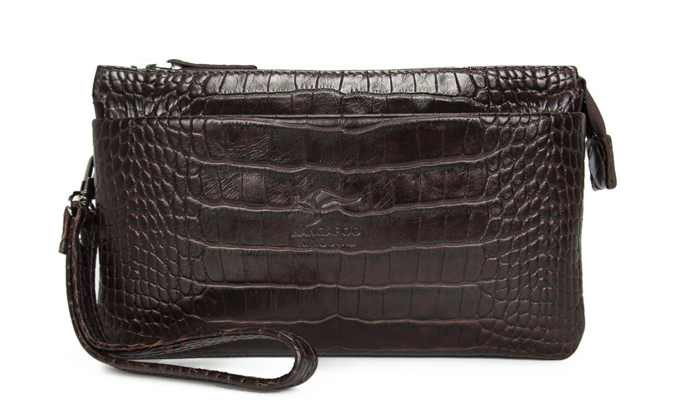 KANGAROO KINGDOM Hakiki Dana Deri Kroko Koyu Kahverengi Erkek El Portföy Clutch Çantası 5488-CK