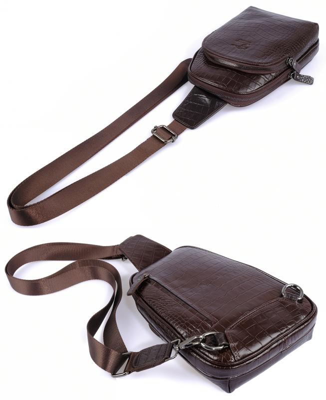 KANGAROO KINGDOM Hakiki Dana Deri Kroko Koyu Kahverengi Unisex Body Bag Sırt Çantası 8155-CK