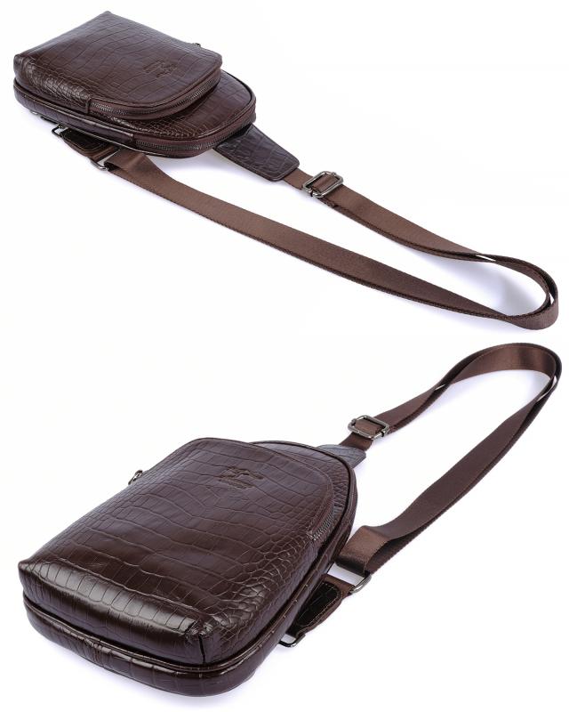 KANGAROO KINGDOM Hakiki Dana Deri Kroko Koyu Kahverengi Unisex Body Bag Sırt Çantası 8155-CK