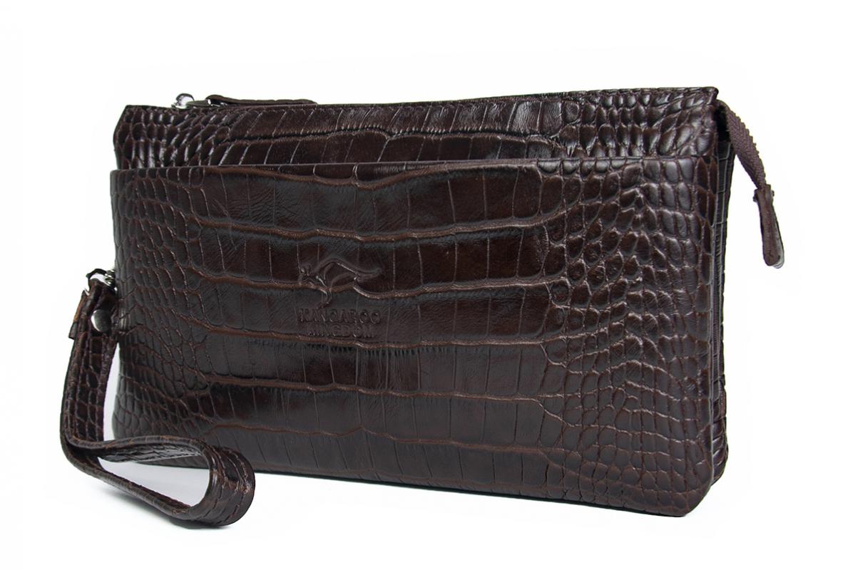 KANGAROO KINGDOM Hakiki Dana Deri Kroko Koyu Kahverengi Erkek El Portföy Clutch Çantası 5488-CK