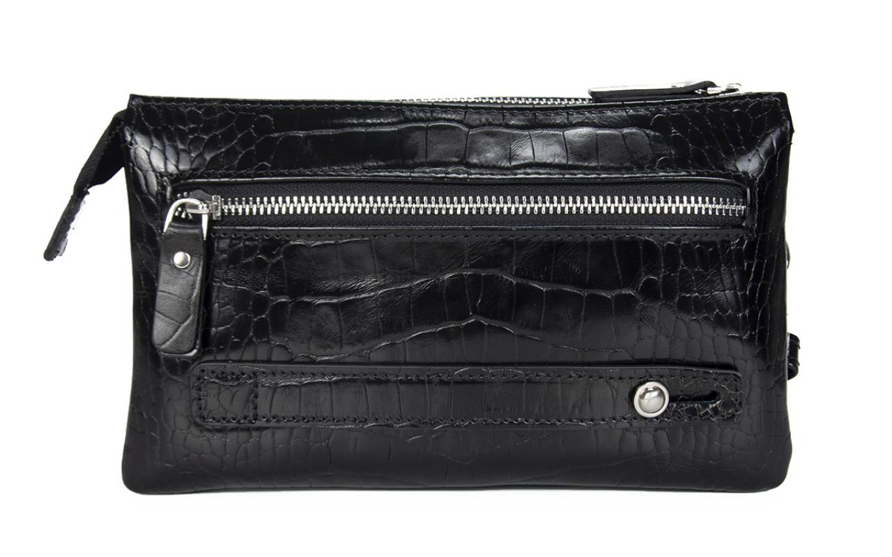 KANGAROO KINGDOM Hakiki Dana Deri Kroko Siyah Erkek El Portföy Clutch Çantası 5488-CS