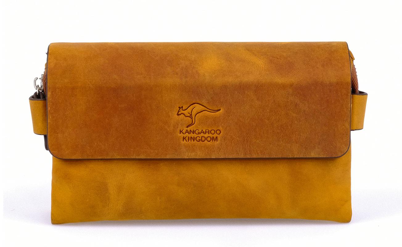 KANGAROO KINGDOM Hakiki Dana Deri Crazy Horse Koyu Camel Erkek El Portföy Clutch Çantası 9288-ZKC