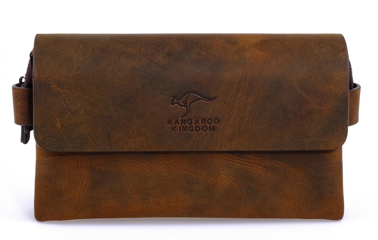 KANGAROO KINGDOM Hakiki Dana Deri Crazy Horse Koyu Taba Erkek El Portföy Clutch Çantası 9288-ZKT